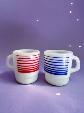 Vintage Pair of Termocrisa Milk Glass Red & Blue Striped Retro Mugs